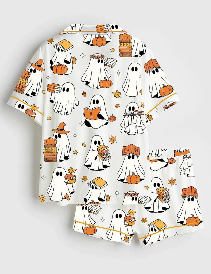 Women’s Ghost Books Halloween Short Sleeve Satin Pajama Set, Sleepwear Halloween Print Nightwear Pijama Set, Gift for women lover