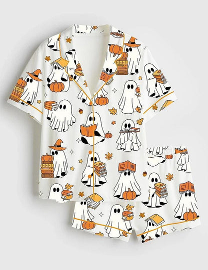 Women’s Ghost Books Halloween Short Sleeve Satin Pajama Set, Sleepwear Halloween Print Nightwear Pijama Set, Gift for women lover