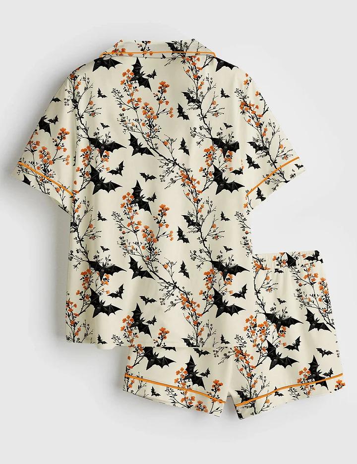 Women's Halloween Batt Short Sleeve Satin Pajama Set, Sleepwear Halloween Print Bat Nightwear Pijama Set, Gift for women lover