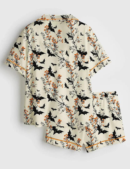 Women's Halloween Batt Short Sleeve Satin Pajama Set, Sleepwear Halloween Print Bat Nightwear Pijama Set, Gift for women lover