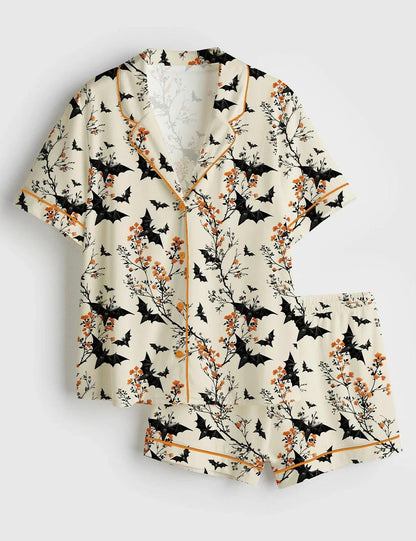 Women's Halloween Batt Short Sleeve Satin Pajama Set, Sleepwear Halloween Print Bat Nightwear Pijama Set, Gift for women lover