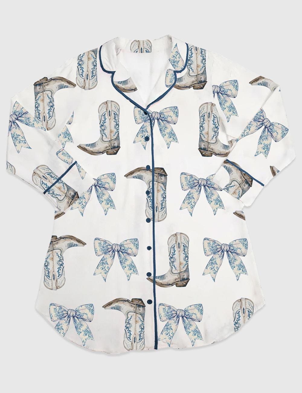 Women's Coquette Blue Bow And Boots Cowgirl Short Sleeve Satin Pajama Set, Gift For Women Pijamas Cowgirl Bow Boots Print