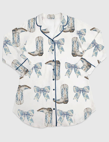 Women's Coquette Blue Bow And Boots Cowgirl Short Sleeve Satin Pajama Set, Gift For Women Pijamas Cowgirl Bow Boots Print