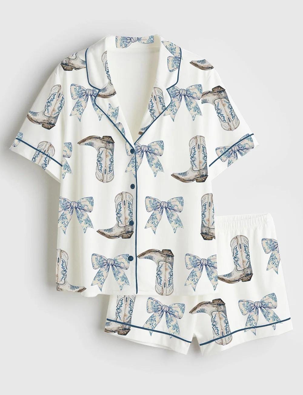 Women's Coquette Blue Bow And Boots Cowgirl Short Sleeve Satin Pajama Set, Gift For Women Pijamas Cowgirl Bow Boots Print