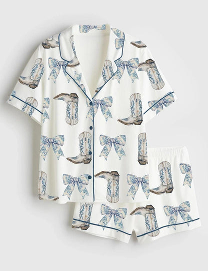 Women's Coquette Blue Bow And Boots Cowgirl Short Sleeve Satin Pajama Set, Gift For Women Pijamas Cowgirl Bow Boots Print