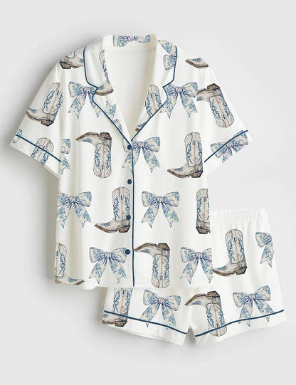 Women's Coquette Blue Bow And Boots Cowgirl Short Sleeve Satin Pajama Set, Gift For Women Pijamas Cowgirl Bow Boots Print