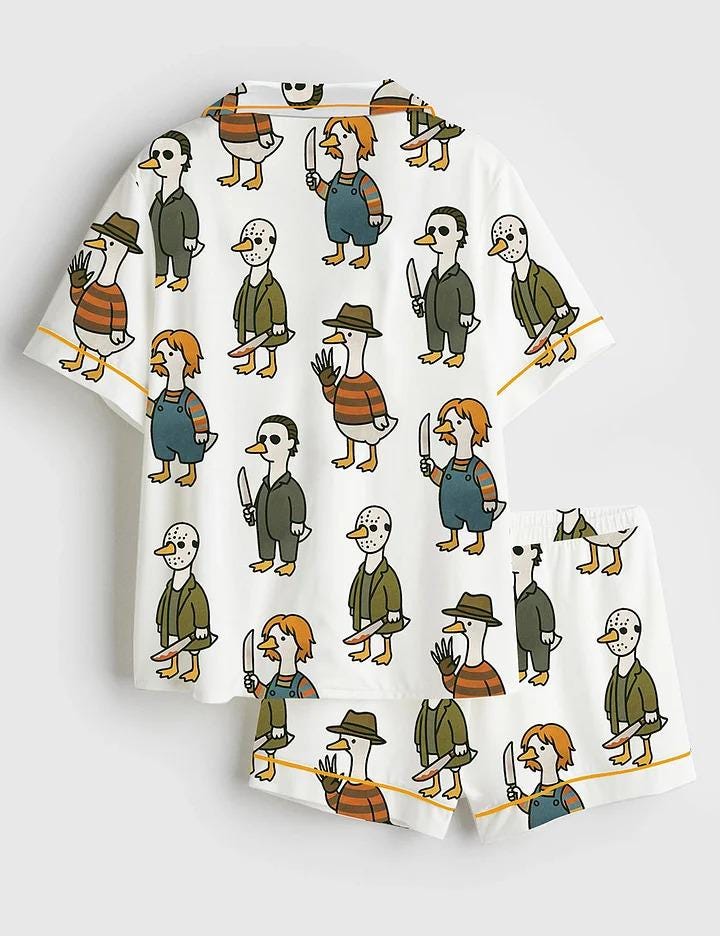 Women’s Pajama Just A Horror Goose Halloween, Silly Goose Horror Movie Print Short Sleeve Satin Pajama Set, Womens Pajamas Gift Pjs