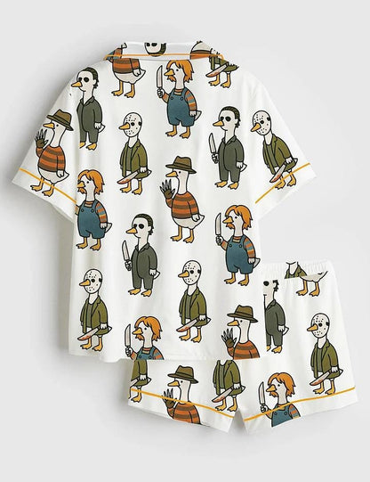 Women’s Pajama Just A Horror Goose Halloween, Silly Goose Horror Movie Print Short Sleeve Satin Pajama Set, Womens Pajamas Gift Pjs