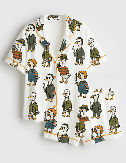 Women’s Pajama Just A Horror Goose Halloween, Silly Goose Horror Movie Print Short Sleeve Satin Pajama Set, Womens Pajamas Gift Pjs