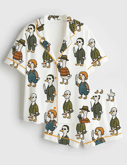 Women’s Pajama Just A Horror Goose Halloween, Silly Goose Horror Movie Print Short Sleeve Satin Pajama Set, Womens Pajamas Gift Pjs