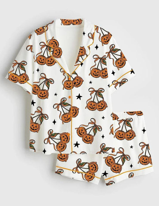 Women’s Halloween Pumpkin Cheeries Coquette Short Sleeve Satin Pajama Set, Womens Pumpkin Pajamas Cheeries Gift Pjs