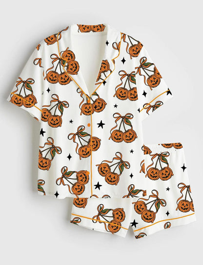 Women’s Halloween Pumpkin Cheeries Coquette Short Sleeve Satin Pajama Set, Womens Pumpkin Pajamas Cheeries Gift Pjs