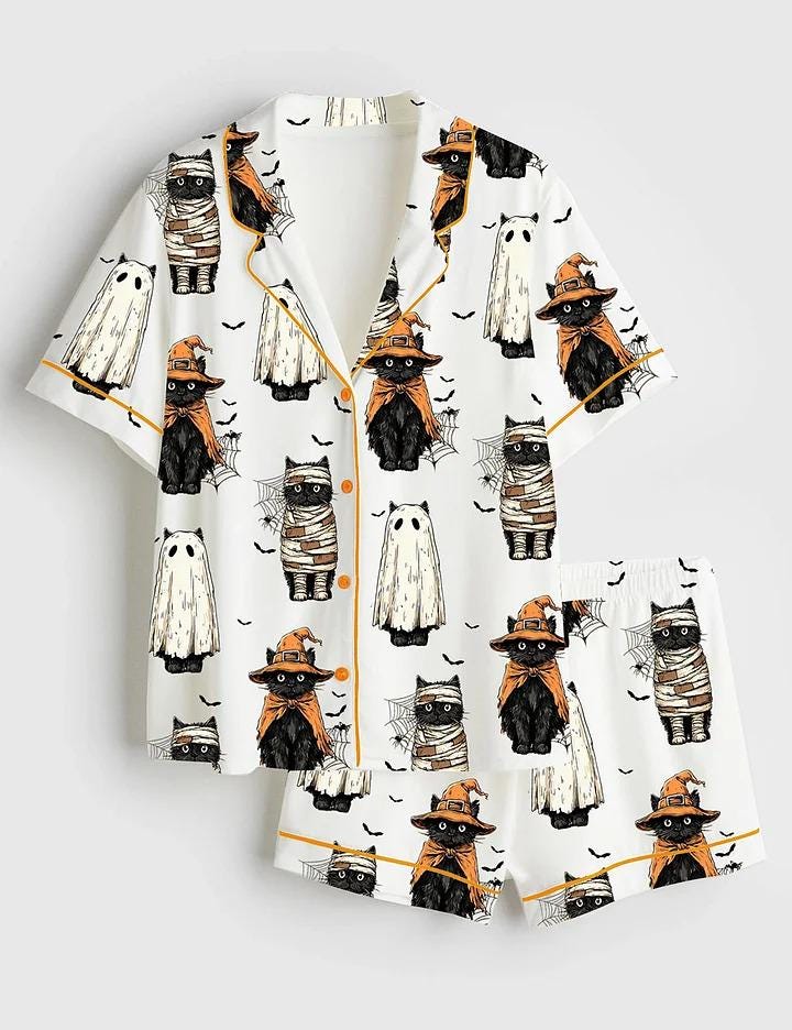 Women’s Black Cat Pumpkin Ghosts Cat Halloween Short Sleeve Satin Pajama Set, Womens Pumpkin Pajamas Ghosts Gift Pjs Cat