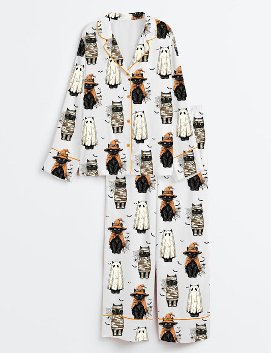 Women’s Black Cat Pumpkin Ghosts Cat Halloween Short Sleeve Satin Pajama Set, Womens Pumpkin Pajamas Ghosts Gift Pjs Cat