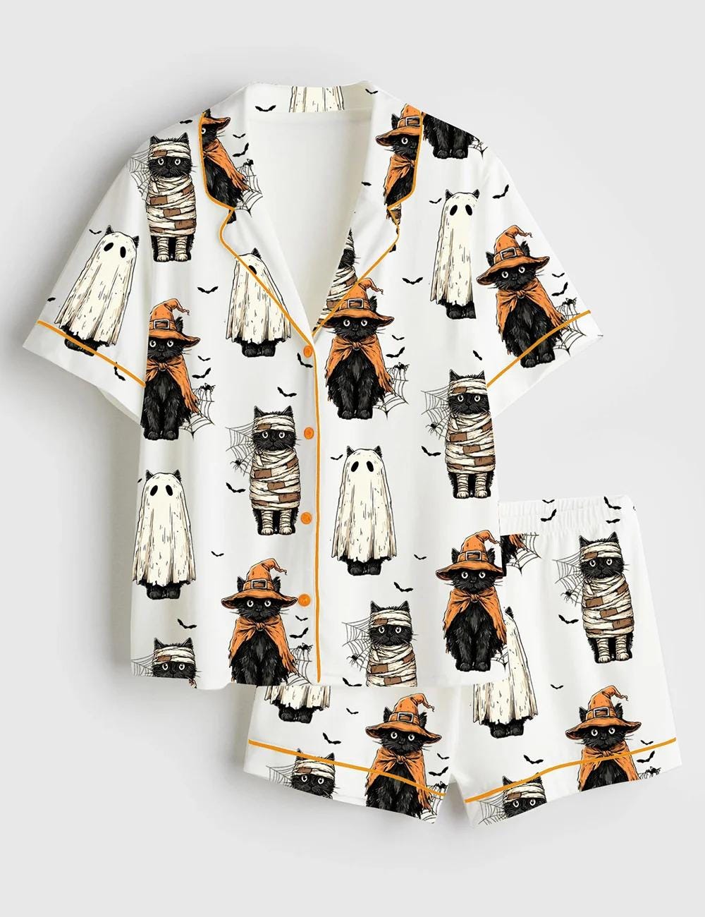 Women’s Black Cat Pumpkin Ghosts Cat Halloween Short Sleeve Satin Pajama Set, Womens Pumpkin Pajamas Ghosts Gift Pjs Cat