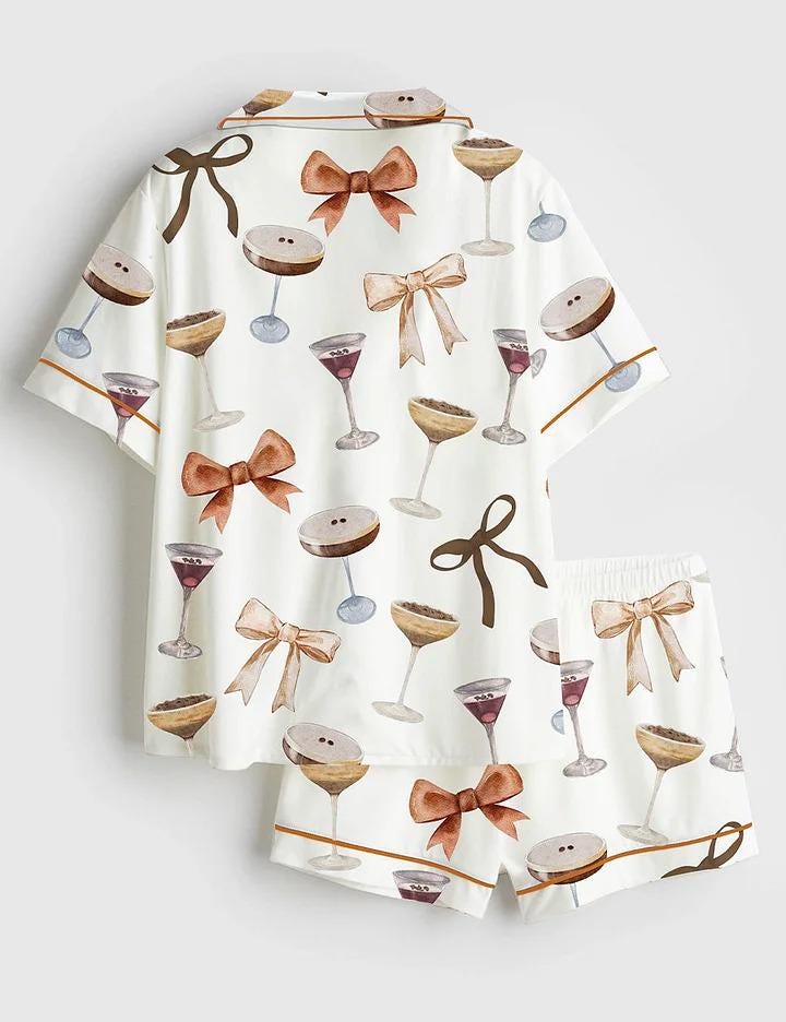Women's Espresso Martinii Coquette Bow Short Sleeve Satin Pajama Set, Martinii Pajama pja shirt, Sleepwear Halloween Nightwear Pijama Set