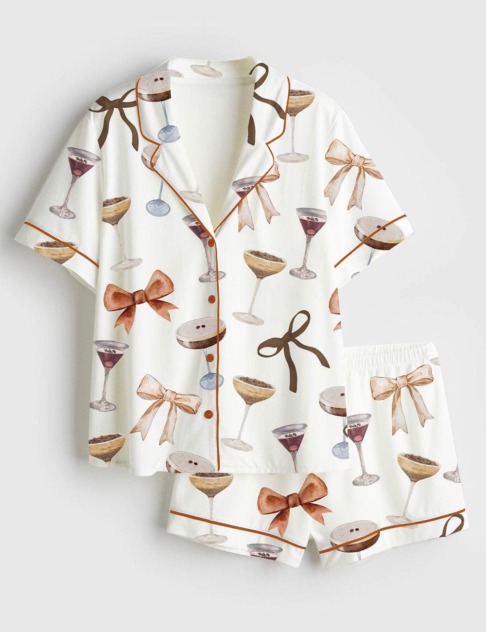 Women's Espresso Martinii Coquette Bow Short Sleeve Satin Pajama Set, Martinii Pajama pja shirt, Sleepwear Halloween Nightwear Pijama Set