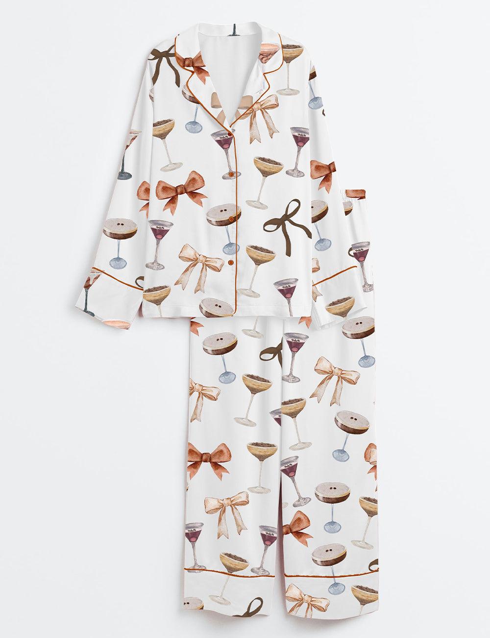 Women's Espresso Martinii Coquette Bow Short Sleeve Satin Pajama Set, Martinii Pajama pja shirt, Sleepwear Halloween Nightwear Pijama Set