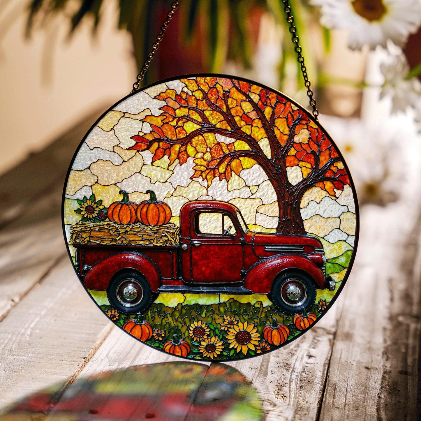 suncatcher stained glass red truck autumn pumpkin harvest gift for mom Mothers Day gift