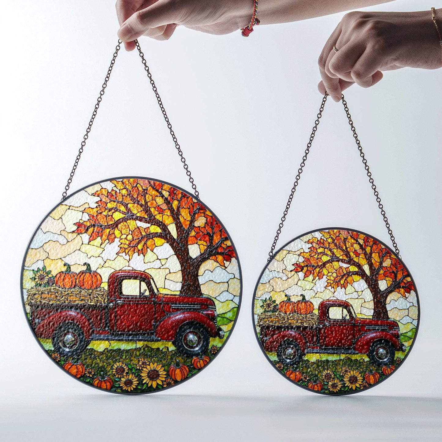 suncatcher stained glass red truck autumn pumpkin harvest gift for mom Mothers Day gift