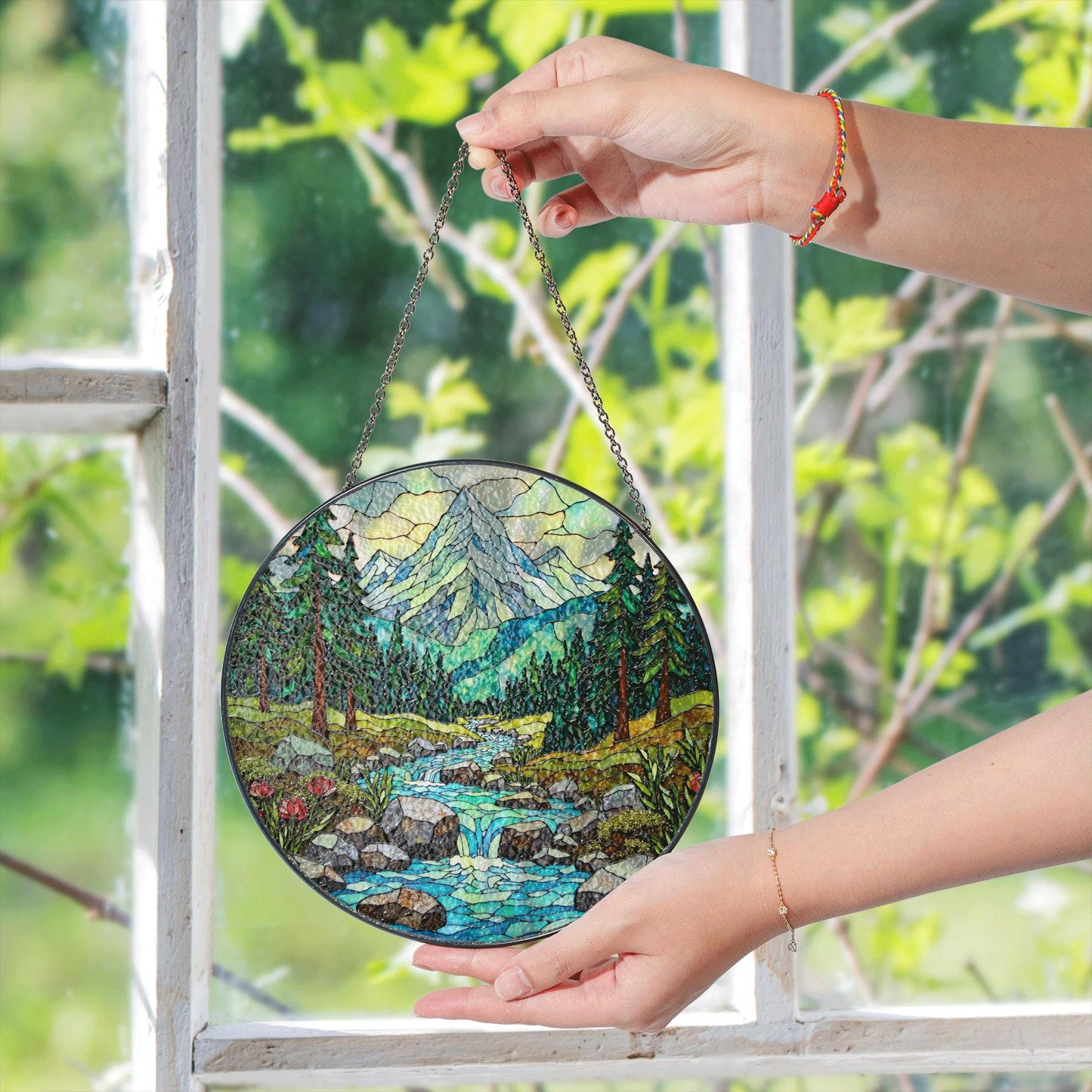 Suncatcher mountain forest stream landscape gift for mom Mothers Day gift Christmas gift