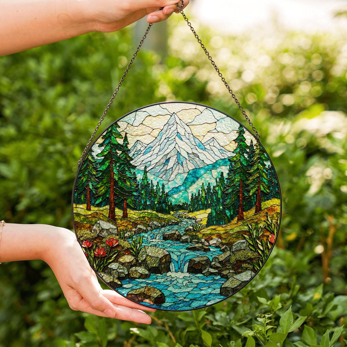 Suncatcher mountain forest stream landscape gift for mom Mothers Day gift Christmas gift