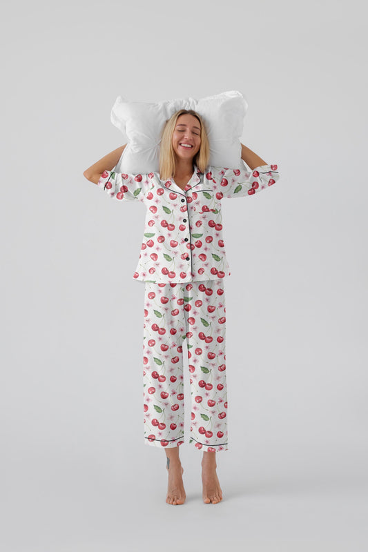 Cherry Satin Pajama Set – Cottagecore Bride Pajamas | Feminine Sleepwear, Bridal Shower Gift | Matching Lounge & Sleepwear Set