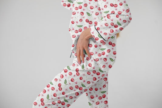 Cherry Satin Pajama Set – Cottagecore Bride Pajamas | Feminine Sleepwear, Bridal Shower Gift | Matching Lounge & Sleepwear Set