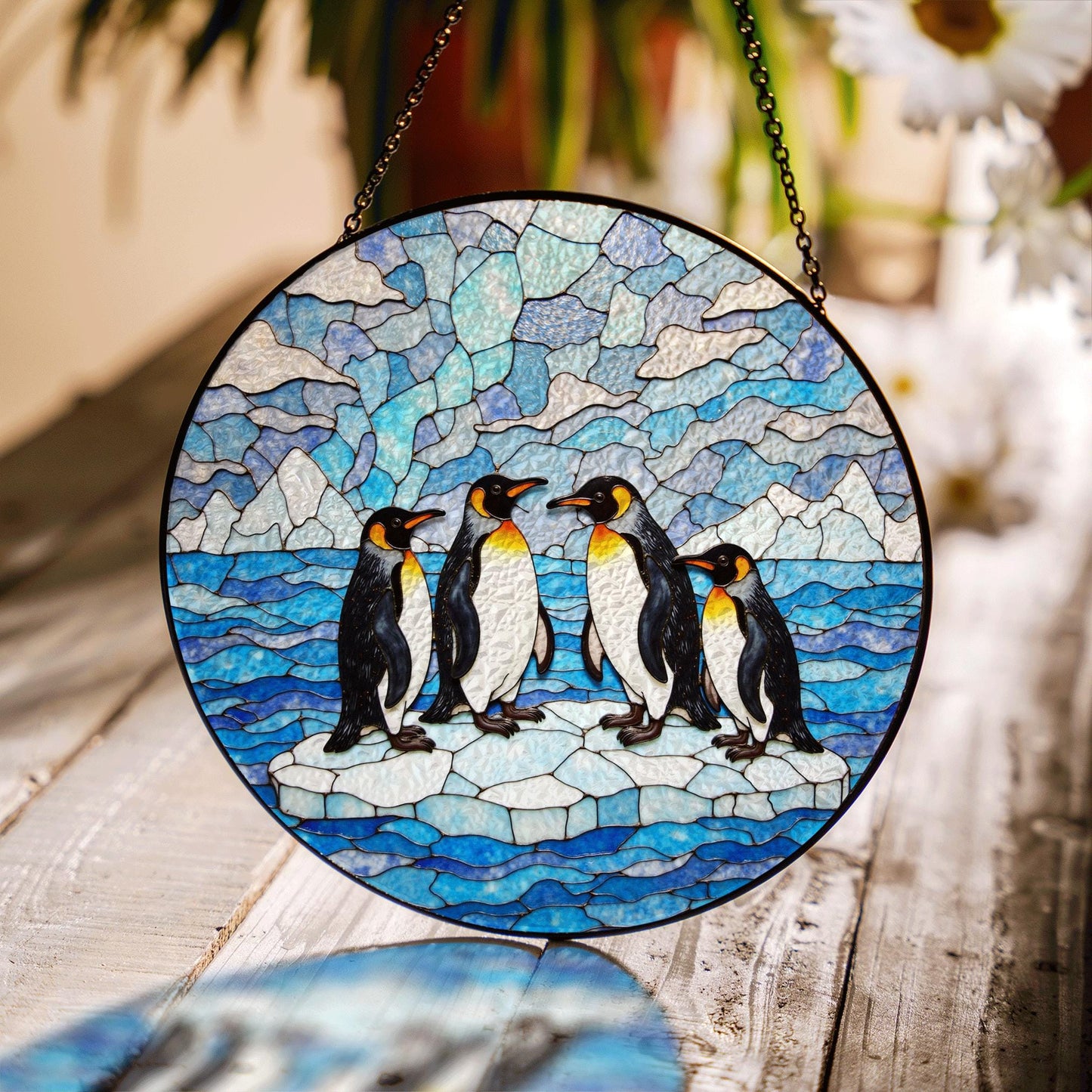 Suncatcher stained glass penguins on ice Christmas gift for mom winter home decor