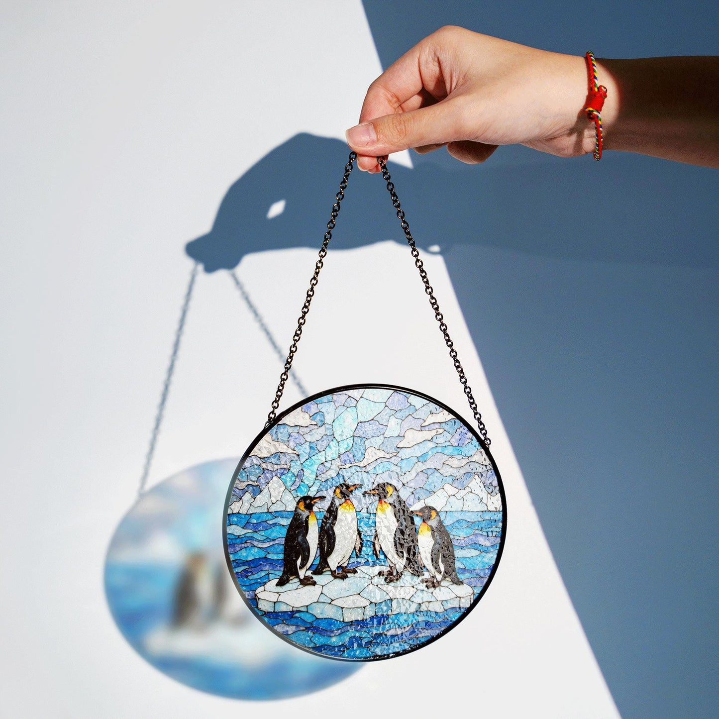 Suncatcher stained glass penguins on ice Christmas gift for mom winter home decor
