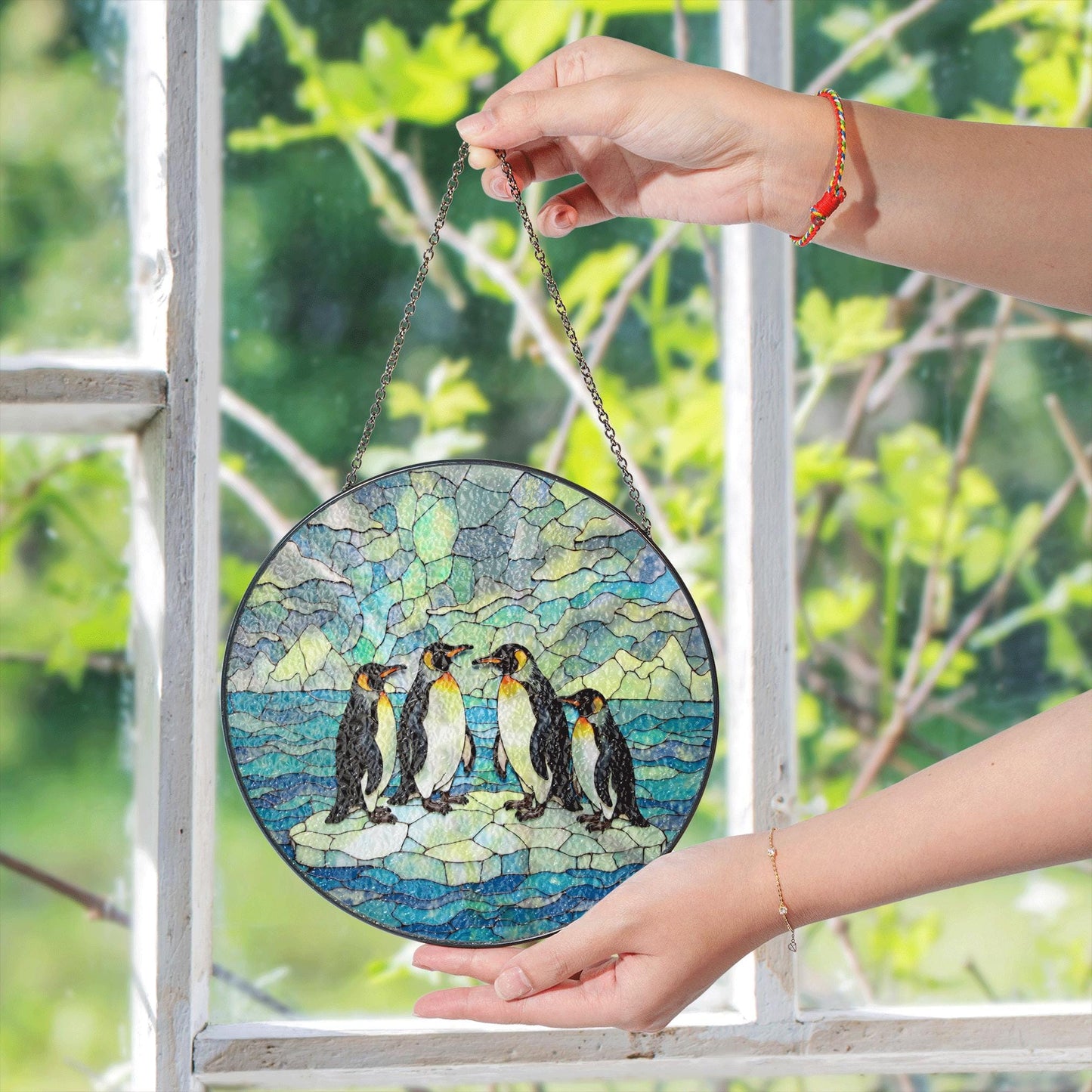 Suncatcher stained glass penguins on ice Christmas gift for mom winter home decor