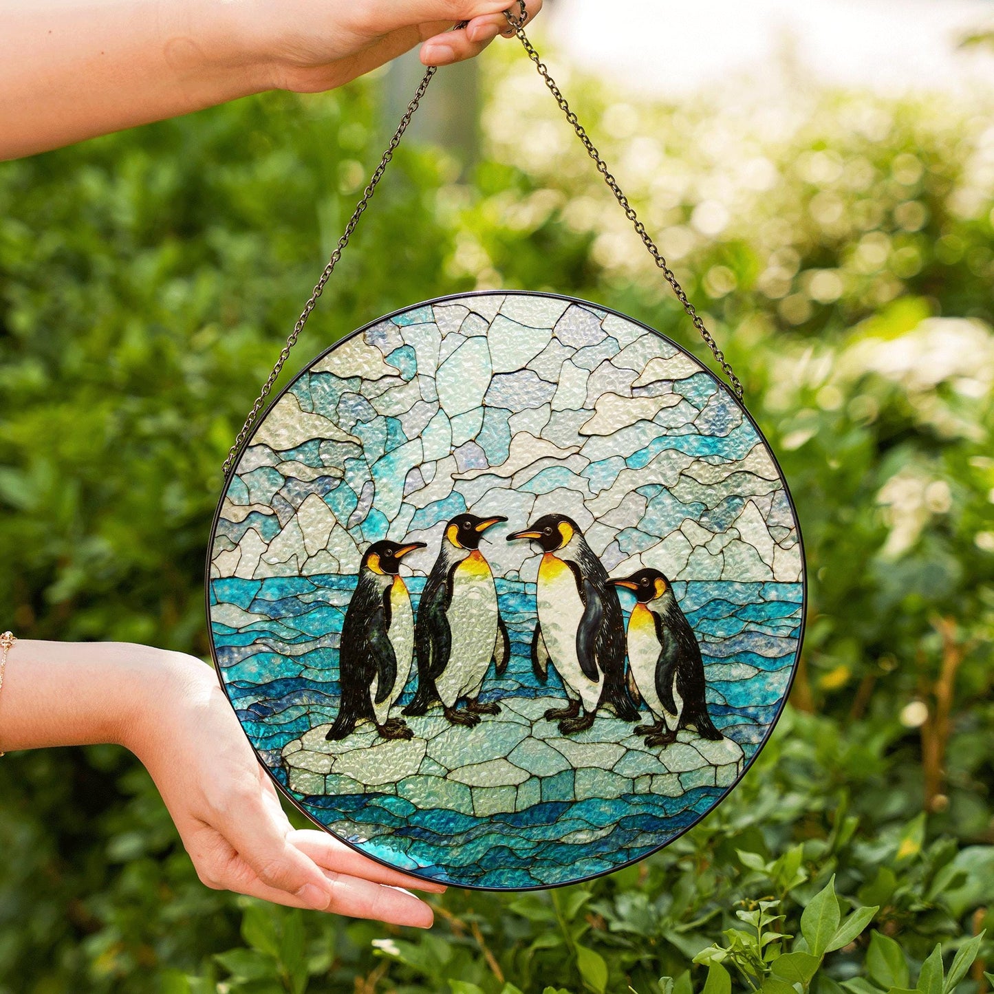 Suncatcher stained glass penguins on ice Christmas gift for mom winter home decor