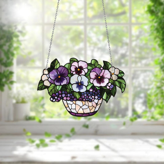 Vibrant Flower Window Hanging, Beautiful Pansy Floral Decor, Colorful Plant Hanging for Brightening Your Room, Unique Home Accent