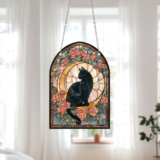 Stained Window Hanging, Black Cat Stained Art, Rose Window Decoration, Home Decor, Floral Window Art, Vintage Style, Cat Lovers Gift