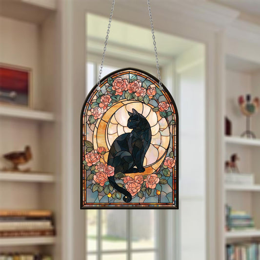 Stained Window Hanging, Black Cat Stained Art, Rose Window Decoration, Home Decor, Floral Window Art, Vintage Style, Cat Lovers Gift