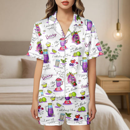 Berry Lemonade Satin Pajama Set, Summer Recipe Print PJs for Women, Button Up Short Sleeve Sleepwear, Cute Foodie Loungewear