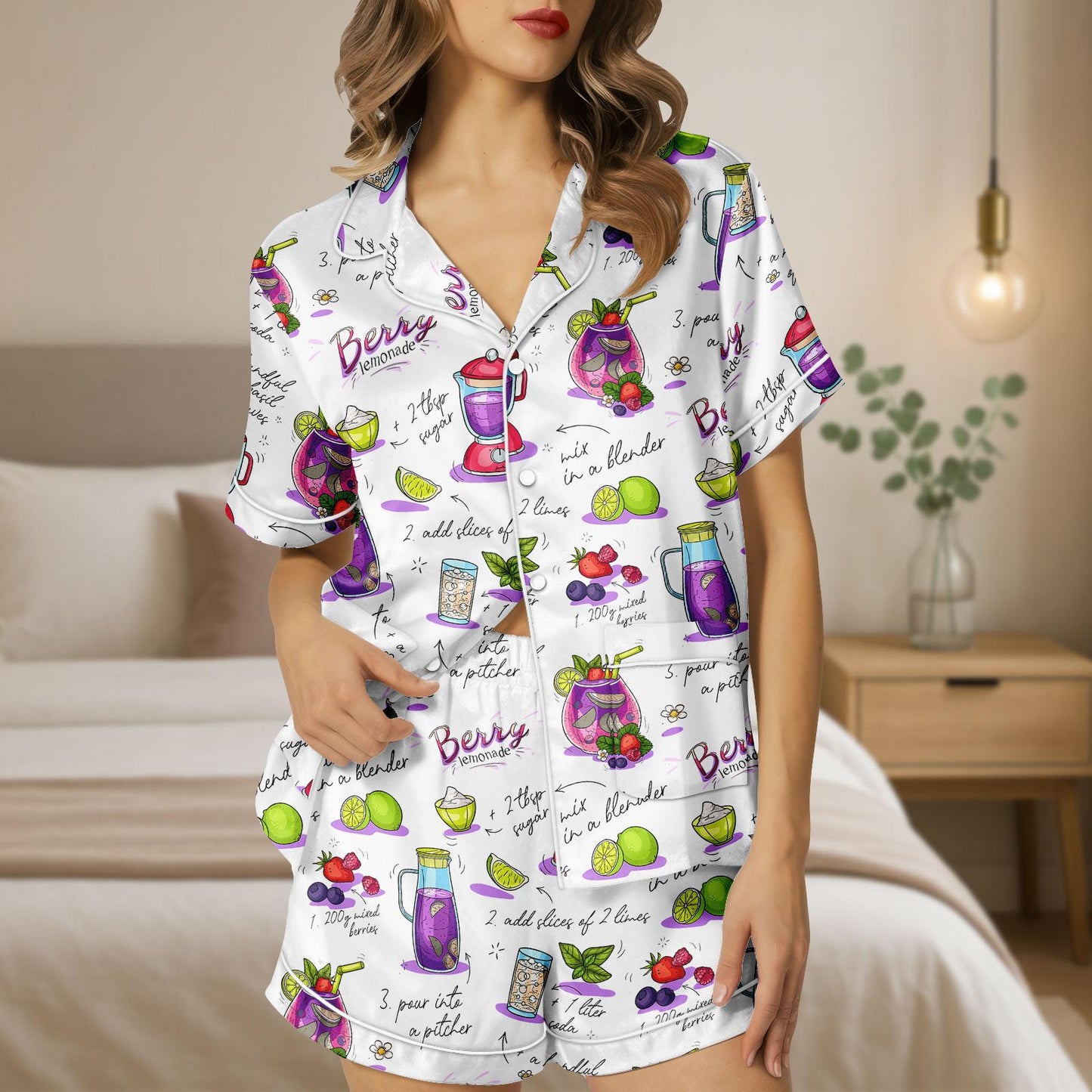Berry Lemonade Satin Pajama Set, Summer Recipe Print PJs for Women, Button Up Short Sleeve Sleepwear, Cute Foodie Loungewear