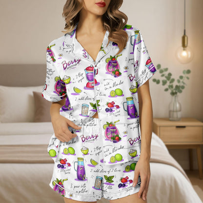 Berry Lemonade Satin Pajama Set, Summer Recipe Print PJs for Women, Button Up Short Sleeve Sleepwear, Cute Foodie Loungewear