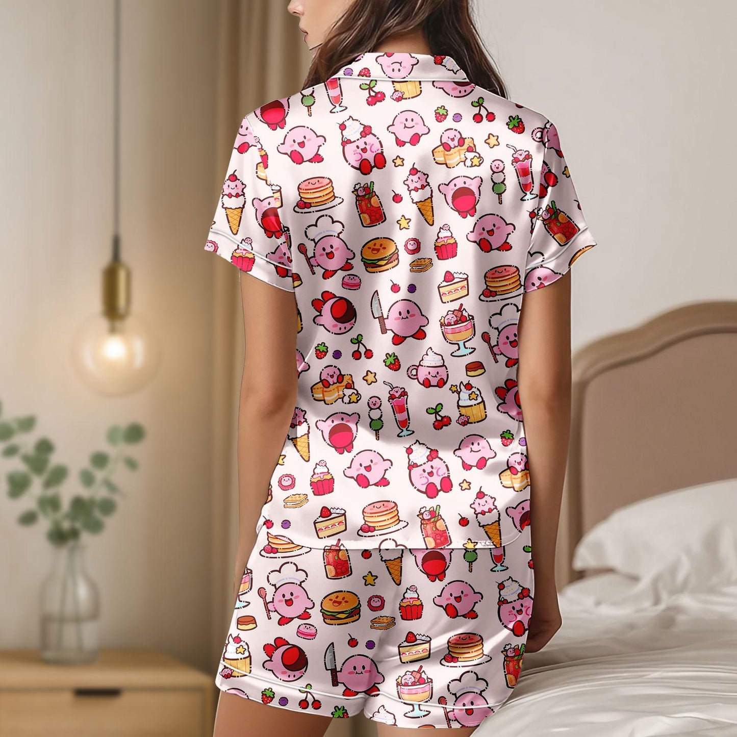 Pink Foodie Character Satin Pajama Set, Cute Dessert Print PJs for Women, Kawaii Chef Loungewear, Button Up Sleep Shorts Set