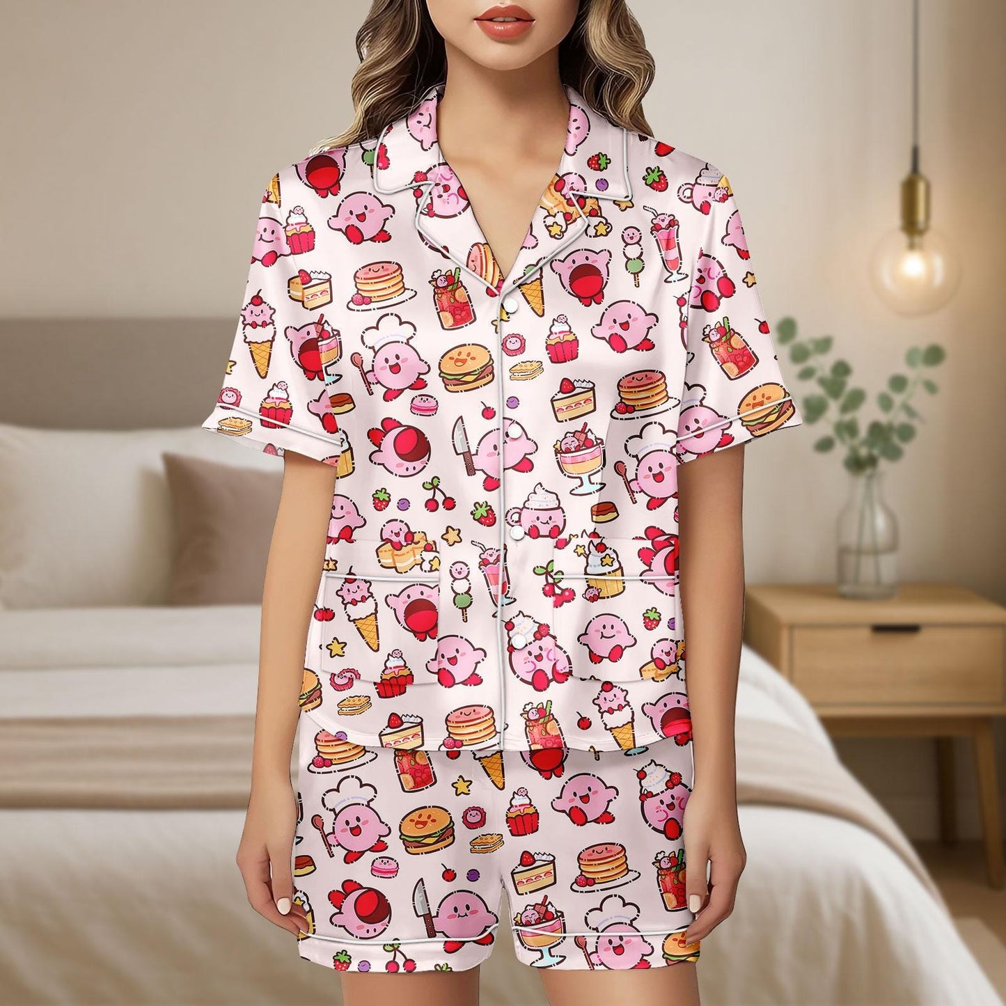Pink Foodie Character Satin Pajama Set, Cute Dessert Print PJs for Women, Kawaii Chef Loungewear, Button Up Sleep Shorts Set
