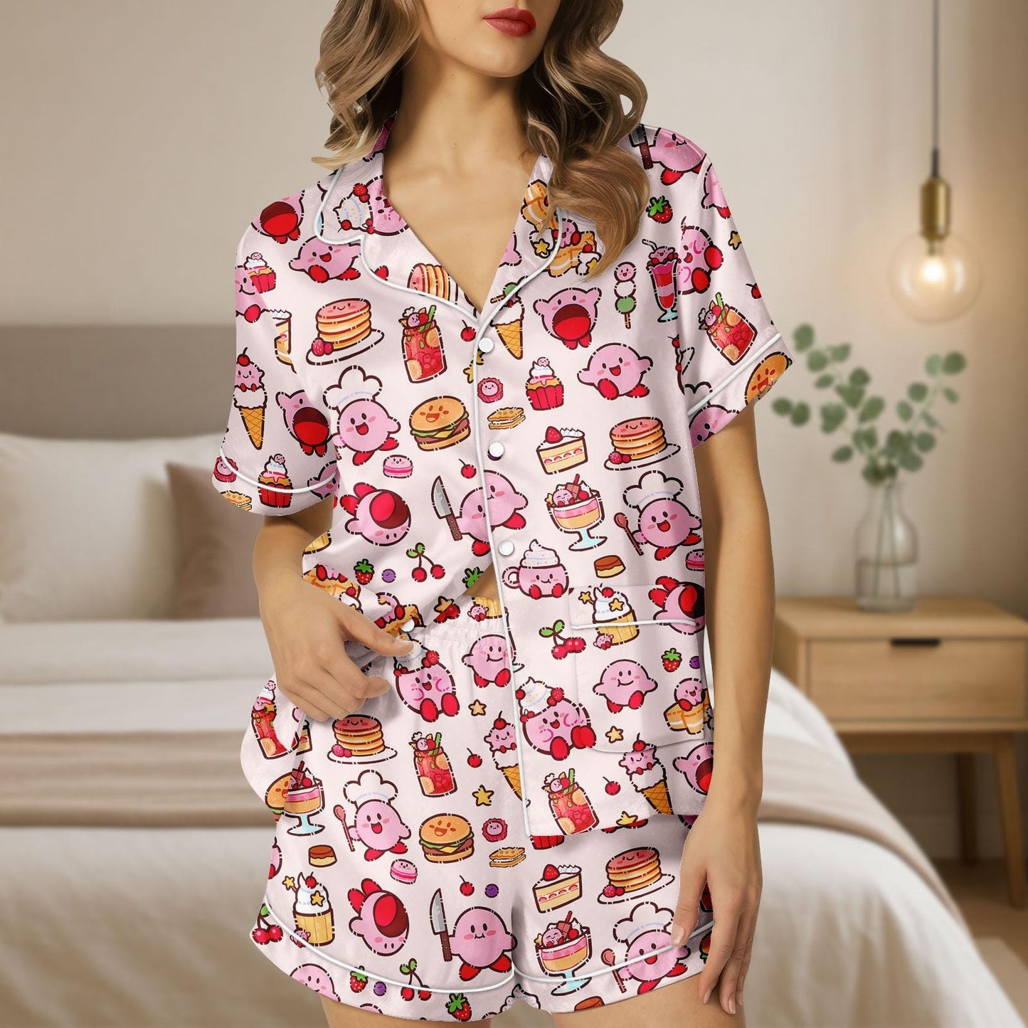 Pink Foodie Character Satin Pajama Set, Cute Dessert Print PJs for Women, Kawaii Chef Loungewear, Button Up Sleep Shorts Set