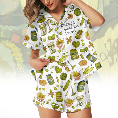 Pickle Girlies Satin Pajama Set, Funny Pickle Print PJs for Women, Button Up Short Sleeve Loungewear, Cute Foodie Sleep Set