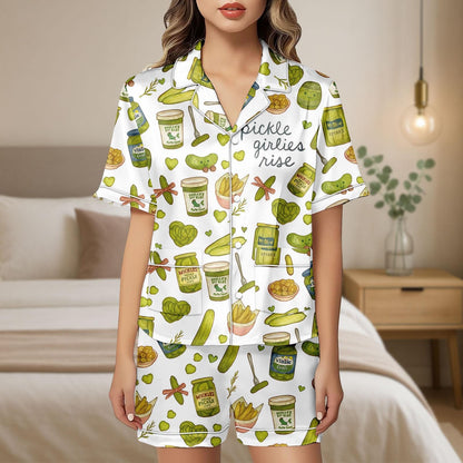 Pickle Girlies Satin Pajama Set, Funny Pickle Print PJs for Women, Button Up Short Sleeve Loungewear, Cute Foodie Sleep Set
