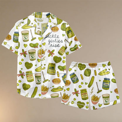 Pickle Girlies Satin Pajama Set, Funny Pickle Print PJs for Women, Button Up Short Sleeve Loungewear, Cute Foodie Sleep Set
