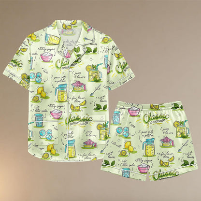 Classic Lemonade Satin Pajama Set, Summer Recipe Print PJs for Women, Short Sleeve Button Up Sleepwear, Cute Citrus Loungewear