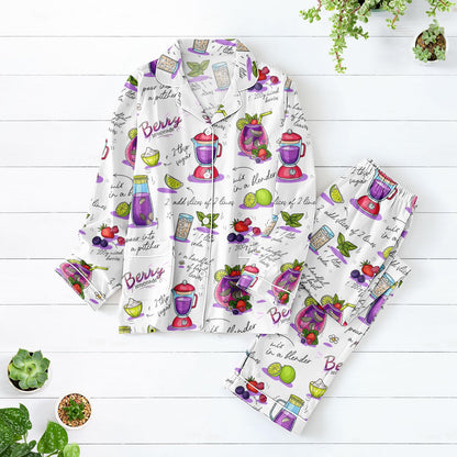 Berry Lemonade Long Pajama Set, Recipe Print Satin Sleepwear, Cute Fruit Print PJs for Women, Cozy Summer Loungewear
