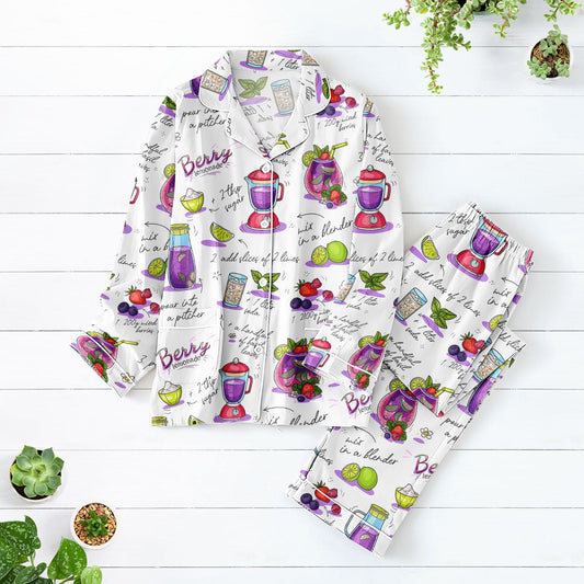 Berry Lemonade Long Pajama Set, Recipe Print Satin Sleepwear, Cute Fruit Print PJs for Women, Cozy Summer Loungewear