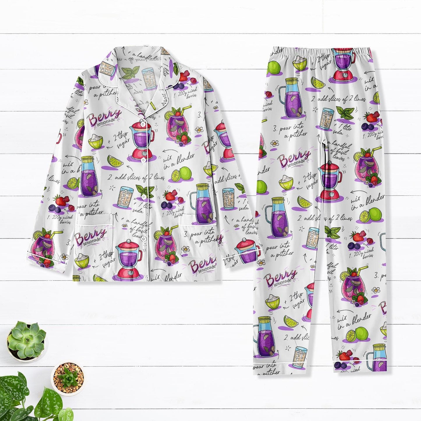 Berry Lemonade Long Pajama Set, Recipe Print Satin Sleepwear, Cute Fruit Print PJs for Women, Cozy Summer Loungewear