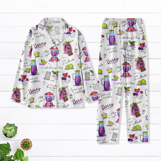 Berry Lemonade Long Pajama Set, Recipe Print Satin Sleepwear, Cute Fruit Print PJs for Women, Cozy Summer Loungewear