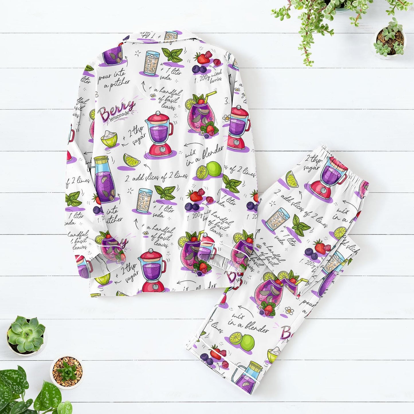 Berry Lemonade Long Pajama Set, Recipe Print Satin Sleepwear, Cute Fruit Print PJs for Women, Cozy Summer Loungewear